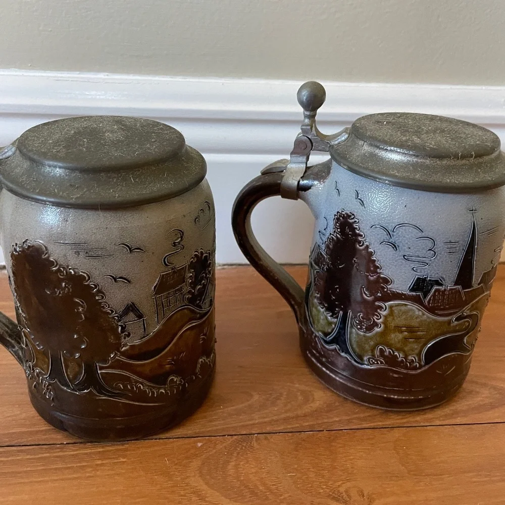 Vintage German Beer Steins / Mugs with Pewter Lids - Handarbeit B.E. - Set of 2